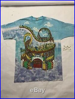 VTG Grateful Dead Shirt XL Tie Dye Rollercoaster 90s Theme Park Liquid Blue
