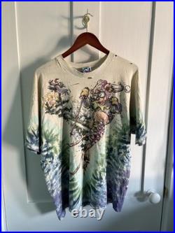 Vintage 1996 Grateful Dead Skiing Bear Liquid Blue Tie Dye Shirt (XL) Distressed