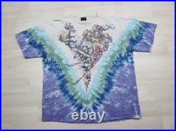 Vintage 1996 Grateful Dead Skiing Bear Liquid Blue Tie Dye Shirt (XL) Distressed