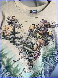Vintage 1996 Grateful Dead Skiing Bear Liquid Blue Tie Dye Shirt (XL) Distressed