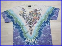 Vintage 1996 Grateful Dead Skiing Bear Liquid Blue Tie Dye Shirt (XL) Distressed
