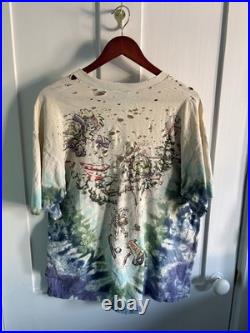 Vintage 1996 Grateful Dead Skiing Bear Liquid Blue Tie Dye Shirt (XL) Distressed