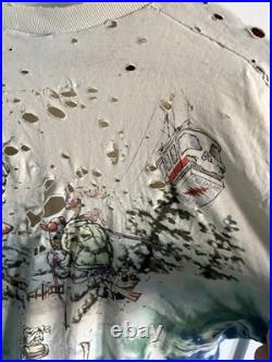 Vintage 1996 Grateful Dead Skiing Bear Liquid Blue Tie Dye Shirt (XL) Distressed