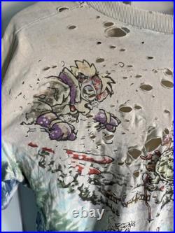 Vintage 1996 Grateful Dead Skiing Bear Liquid Blue Tie Dye Shirt (XL) Distressed