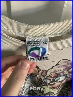 Vintage 1996 Grateful Dead Skiing Bear Liquid Blue Tie Dye Shirt (XL) Distressed