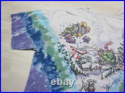 Vintage 1996 Grateful Dead Skiing Bear Liquid Blue Tie Dye Shirt (XL) Distressed
