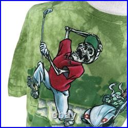 Vintage 2000 Grateful Dead Golf Skeleton Tie Dye T-Shirt Green Gray Liquid Blue