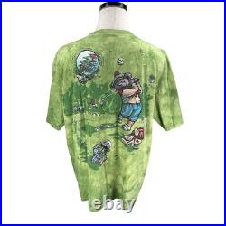 Vintage 2000 Grateful Dead Golf Skeleton Tie Dye T-Shirt Green Gray Liquid Blue