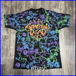 Vintage Grateful Dead Shirt Mens XL Black Skeleton All Over Print Brockum 90s