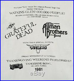 Vintage THE ALLMAN BROTHERS BAND orig, shirt 1981 concert GRATEFUL DEAD OUTLAWS